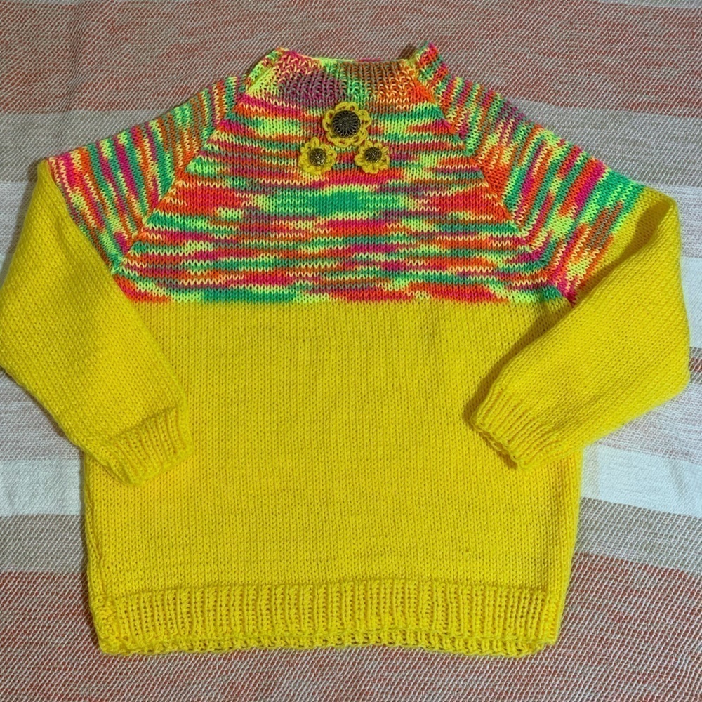 Handmade Knit Yellow Neon Flower Detail Mock Neck Sweater